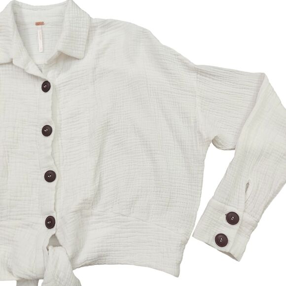 Free People Sun Streaks Top Womens Small White Boxy Gauzy Tie Front Button Up - Picture 5 of 12
